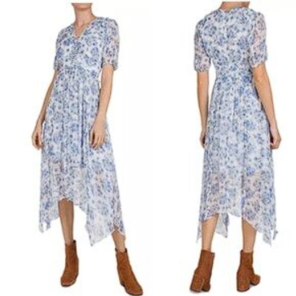THE KOOPLES Blue Floral Midi Dress Short Sleeves